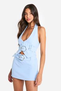 Boohoo Woven Belted Halter Waistcoat, Powder Blue