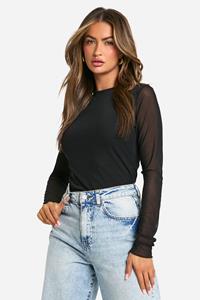 Boohoo Mesh Open Back Long Sleeve Top, Black