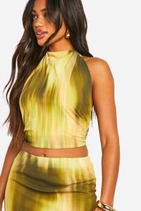 Boohoo Blurred Tie Dye High Neck Racer Neck Crop Top, Khaki