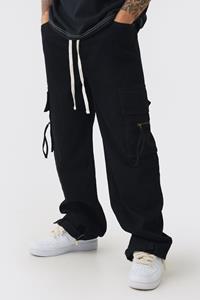 Boohoo Baggy Fit Elasticated Waist Extended Drawcord Cargo Pants, Black