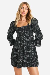 Boohoo Gathered Puff Sleeve Smock Dress, Black