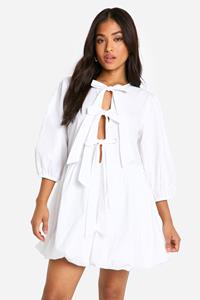 Boohoo Petite Tie Front Volume Sleeve Skater Dress, White