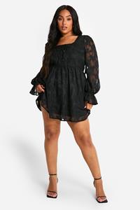 Boohoo Plus Milkmaid Woven Burnout Floral Skater Dress, Black