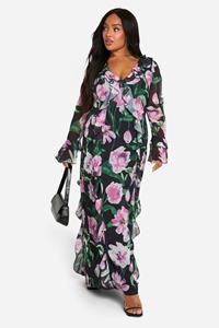 Boohoo Plus Large Floral Ruffle Maxi Dress, Black