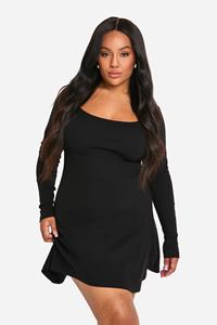 Boohoo Plus Basic Rib Long Sleeve Skater, Black