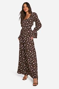 Boohoo Corset Floral Print Puff Sleeve Milkmaid Maxi Dress, Brown