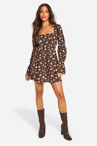 Boohoo Corset Floral Print Puff Sleeve Milkmaid Skater Dress, Brown