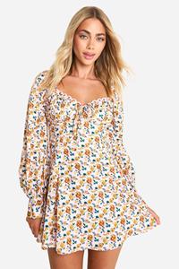 Boohoo Floral Crochet Trim Puff Sleeve Milkmaid Skater Dress, Pink