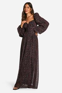 Boohoo Chiffon Cherry Print Puff Sleeve Milkmaid Maxi Dress, Black