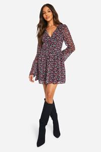 Boohoo Chiffon Floral Print Puff Sleeve Milkmaid Skater Dress, Black