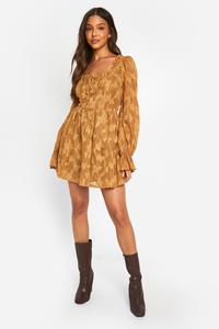 Boohoo Textured Puff Sleeve Milkmaid Skater Dress, Caramel