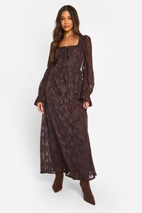 Boohoo Textured Puff Sleeve Milkmaid Maxi Dress, Chocolate