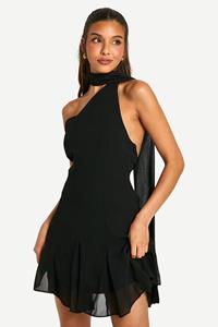 Boohoo Chiffon Assymteric Godet Seam Mini Dress, Black