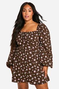 Boohoo Plus Floral Balloon Sleeve Milkmaid Skater Dress, Brown