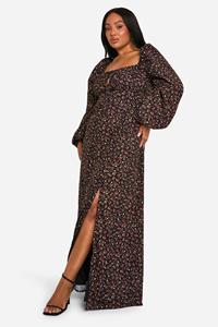 Boohoo Plus Ditsy Balloon Sleeve Milkmaid Maxi Dress, Black