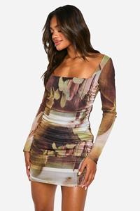 Boohoo Square Neck Ruched Mesh Printed Bodycon Dress, Multi