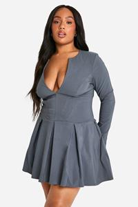 Boohoo Plus Long Sleeve Corset Detail Plunge Pleated Hem Dress, Slate Grey