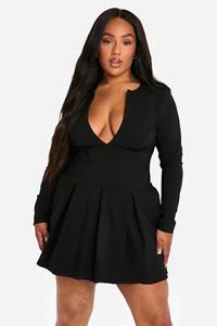 Boohoo Plus Long Sleeve Corset Detail Plunge Pleated Hem Dress, Black