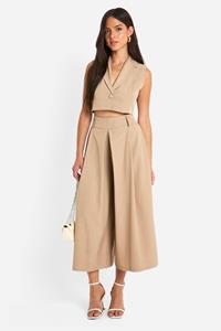 Boohoo Marl Pleat Front Wide Leg Tailored Culottes, Camel