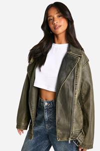 Boohoo Petite Oversized Vintage Faux Leather Biker Jacket, Washed Khaki