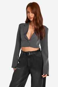 Boohoo Basic Woven Single Button Crop Blazer, Charcoal