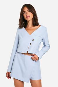 Boohoo Collarless Oversized Boxy Cropped Blazer, Powder Blue