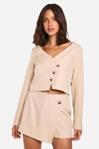 Boohoo Pinstripe Collarless Oversized Boxy Cropped Blazer, Stone