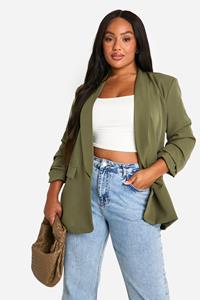 Boohoo Plus Ruched Sleeve Lapel Detail Blazer, Khaki