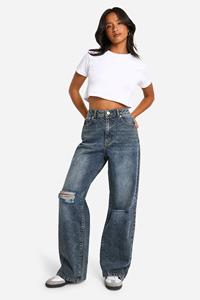 Boohoo Petite Basic Boyfriend Jeans Met Gescheurde Knieën, Vintage Blue