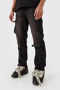 Boohoo Onbewerkte Baggy Cargo Jeans Met Bandjes In Zwart, Black