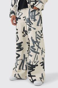 Boohoo Extreme Baggy Rigid Graffiti Laser Print Jeans, Ecru