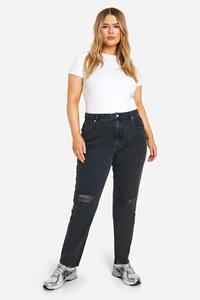 Boohoo Plus Gescheurde Basic High Waist Mom Jeans, Washed Black