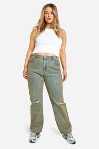 Boohoo Plus Basic Jeans Met Hoge Taille, Rechte Pijpen En Gescheurde Knieën, Sand