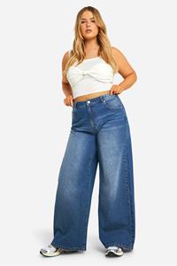 Boohoo Plus Basic High Waist Super Wide Leg Jeans, Mid Blue