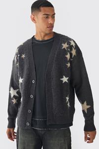 Boohoo Oversized Geborstelde Gebreide Boxy Sterren Cardigan, Charcoal