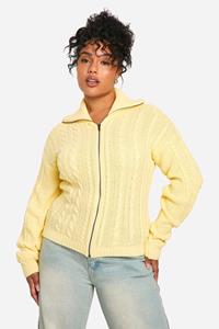 Boohoo Plus Cable Zip Through Sweater, Lemon