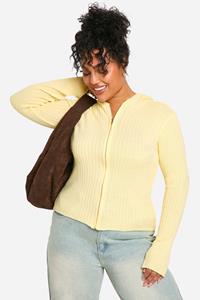 Boohoo Plus Knitted Rib Zip Through Hoodie, Lemon