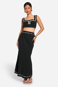 Boohoo Geborduurde Linnen Crop Top En Maxi Rok Set, Black