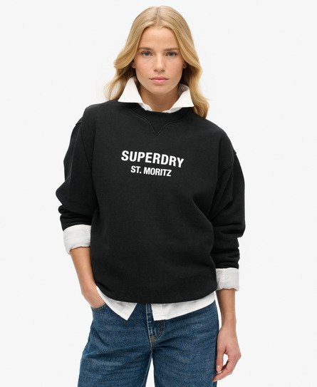 Superdry Vrouwen Luxe Sportsweatshirt met Ronde Hals en Losse Pasvorm Zwart