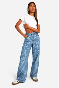 Boohoo Laser Print Wide Leg Jeans Met Strik, Washed Indigo