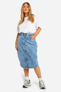 Boohoo Plus Acid Wash Gebleekte Midi Spijkerrok Met Knopen, Acid Wash Light Blue