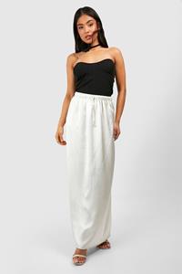 Boohoo Petite Satijnen Maxi Rok Met Touwtjes, Oyster