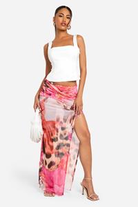 Boohoo Geplooide Mesh Dierenprint Maxi Rok, Brown