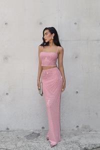 Boohoo Hotfix Crop Top Met Steentjes En Maxi Rok Set, Pale Pink