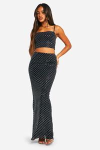 Boohoo Hotfix Crop Top Met Steentjes En Maxi Rok Set, Black