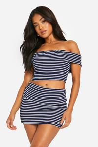 Boohoo Petite Gestreept Geribbeld Mini Rokje Met Vouw, Navy