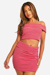 Boohoo Petite Gestreept Geribbeld Mini Rokje Met Vouw, Red