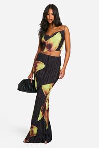 Boohoo Tall Bold Plisse Bloemen Maxi Rok Met Losse Col, Black