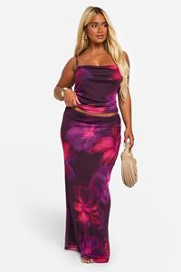 Boohoo Plus Mesh Bloemen Hemdje En Rok Set, Purple