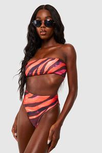 Boohoo Rode Zebraprint High Waist Bandeau Bikini Set, Red